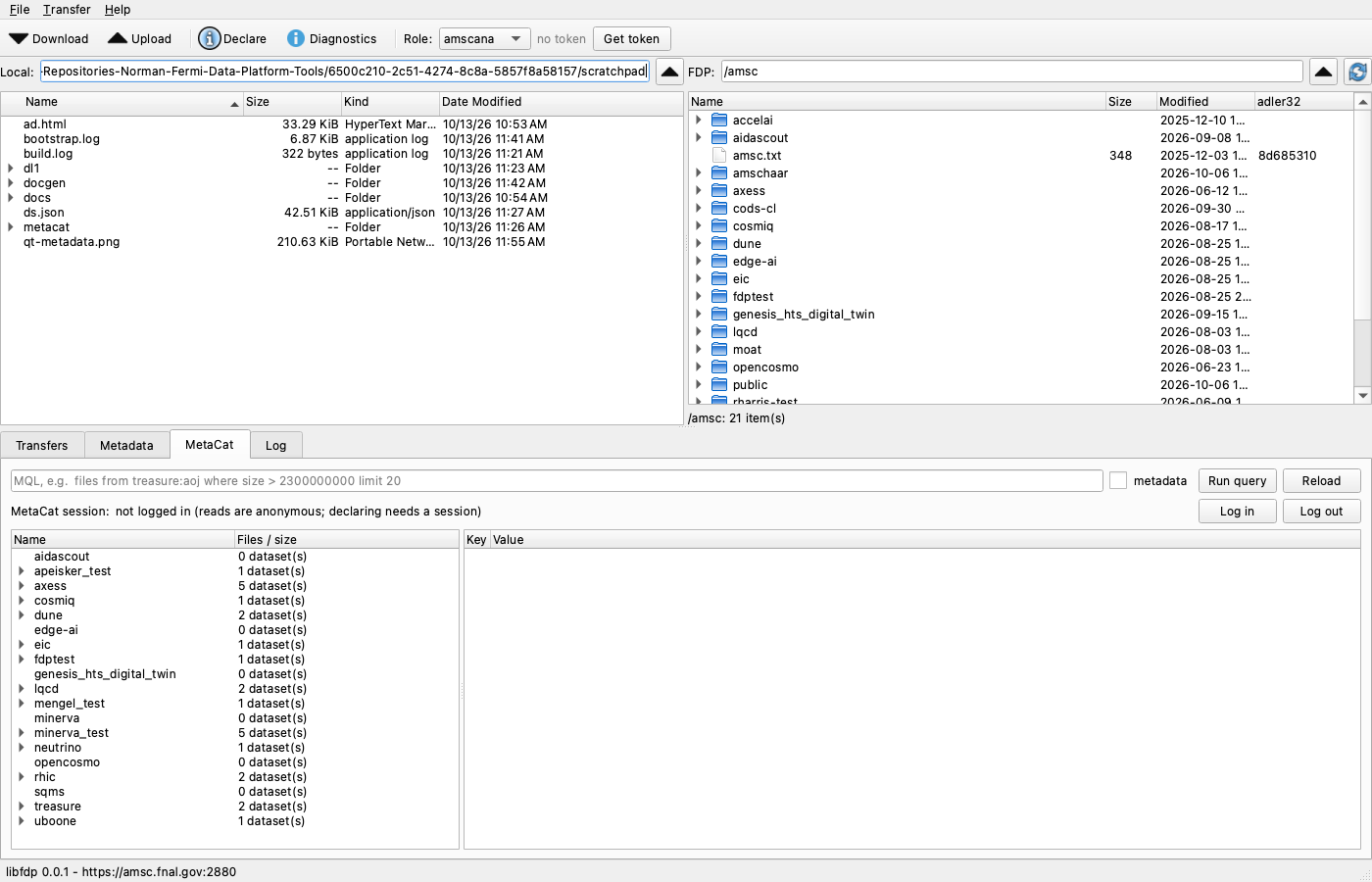 fdp-qt MetaCat tab with namespaces, datasets and a file record
