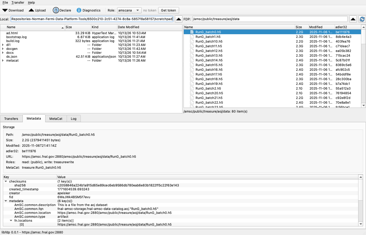 fdp-qt main window: local files on the left, an FDP directory on the right, the metadata panel below